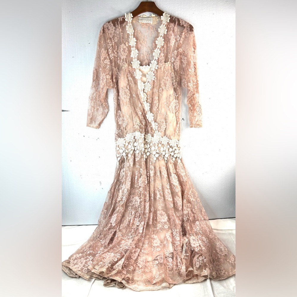 Jessica McClintock 4 Romantic Victorian Lace Drop Waist Maxi Dress in Blush